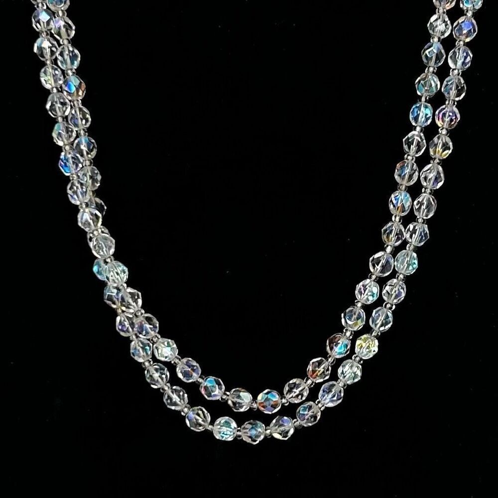 Vtg AB Aurora Borealis Beaded Necklace 48" Clear Single Strand Faceted Beads - Picture 2 of 8
